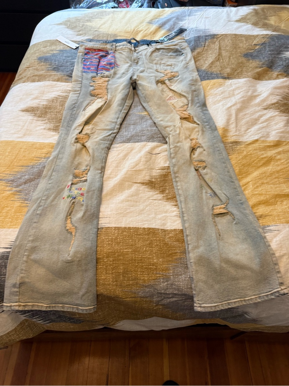 KDNK Light Blue Men’s Flare Jeans with Frayed Patchwork Detail Size 38